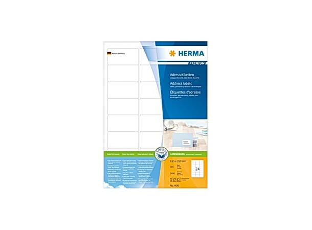 Etikett HERMA adr A4 63,5x33,9mm (2400) 24 etiketter pr ark (100 ark pr pakke) 